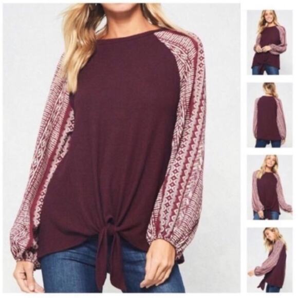 Promesa Geometric Printed Long Sleeve Knit Top Maroon Size Large - Picture 7 of 7